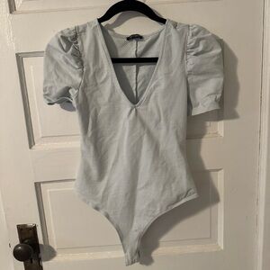 Wild Fable Light Blue/Gray Puff Sleeve V Neck Bodysuit